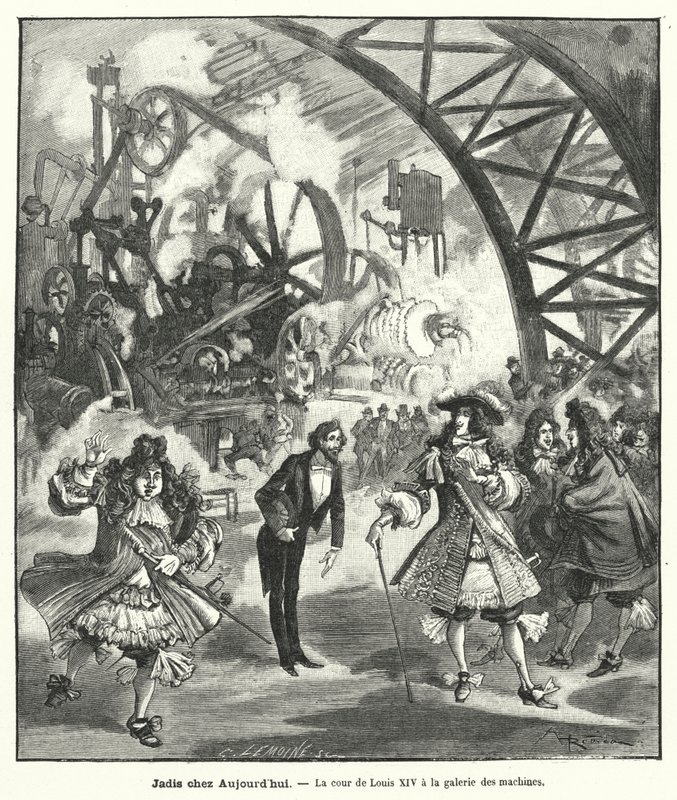 Wyobrażona wizyta króla Ludwika XIV i jego dworu w Pawilonie Maszyn na Wystawie Powszechnej w Paryżu w 1889 r. (rycina) autorstwa French School