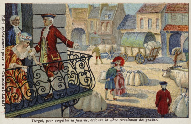 Aby zapobiec głodowi, Anne-Robert-Jacques Turgot nakazuje bezpłatną dystrybucję zboża, Francja, ok. 1770 r. autorstwa French School