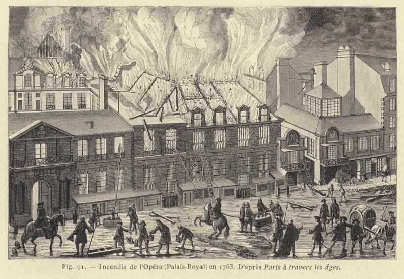 Pożar w Operze, Palais-Royal, 1763 (rycina) autorstwa French School