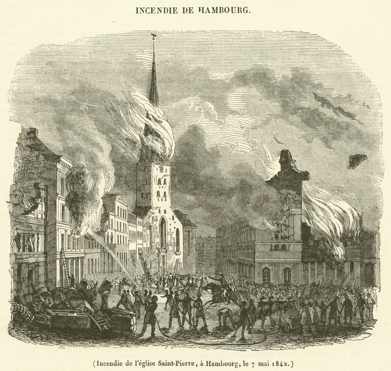 Spalenie kościoła św. Piotra, Hamburg, 7 maja 1842 (rycina) autorstwa French School
