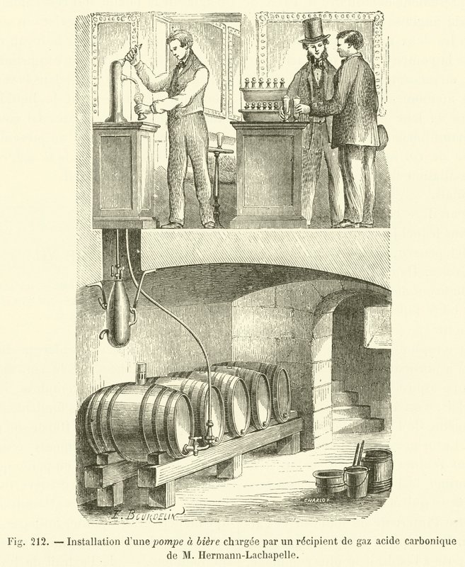 Montaż pompy do piwa ładowanej zbiornikiem gazowego kwasu węglowego firmy M Hermann-Lachapelle (grawerowanie) autorstwa French School