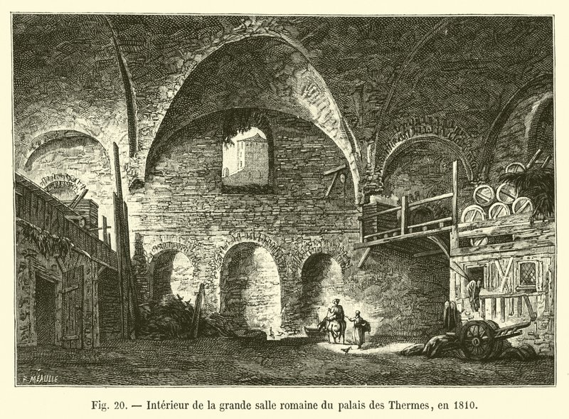 Wnętrze wielkiej sali rzymskiej Palais des Thermes, 1810 autorstwa French School