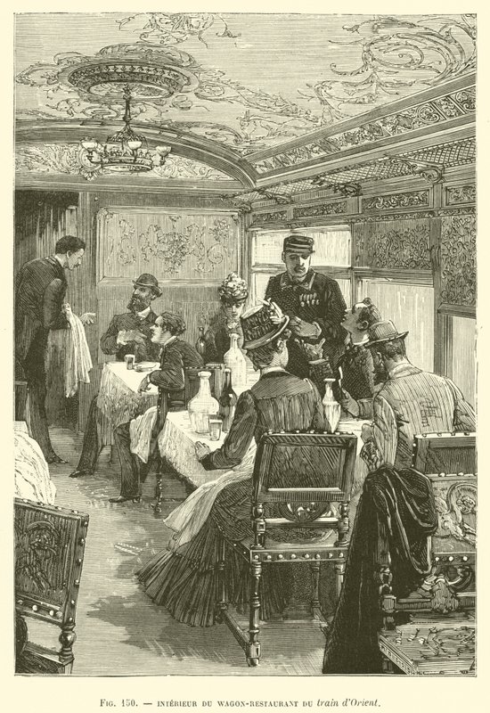 Wnętrze wagonu-restauracji pociągu Orient (grafika) autorstwa French School