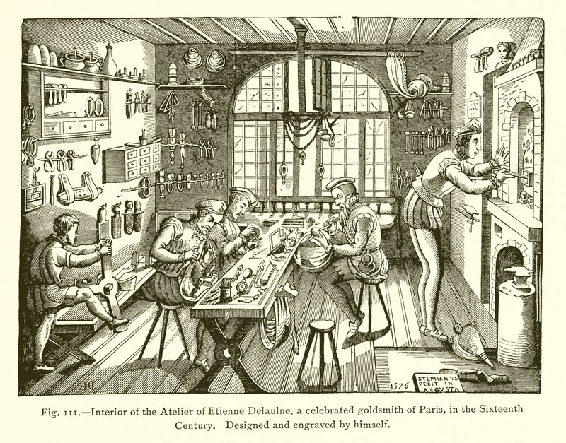 Wnętrze Atelier Etienne Delaulne, sławnego złotnika paryskiego, w XVI wieku autorstwa French School