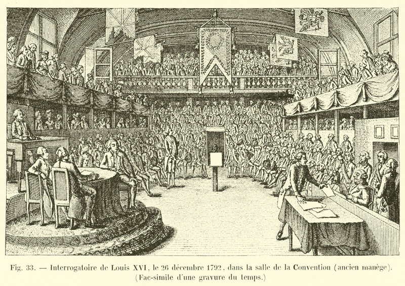 Przesłuchanie Ludwika XVI, 26 grudnia 1792, w Salle de la Convention, dawna ujeżdżalnia, Faksymile ryciny z tamtych czasów autorstwa French School