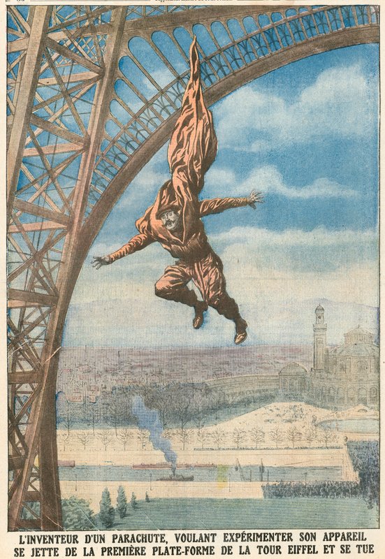 Wynalazca spadochronu skacze z Wieży Eiffla autorstwa French School
