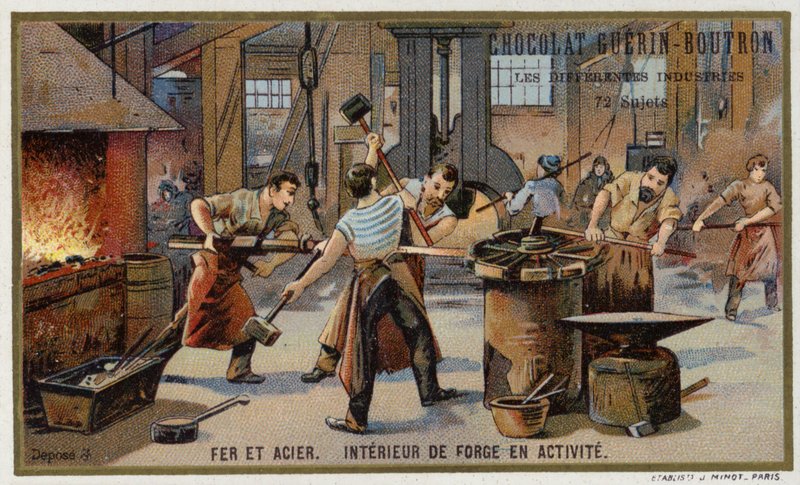 Żelazo i stal. Wnętrze ruchliwej kuźni (chromolitho) autorstwa French School