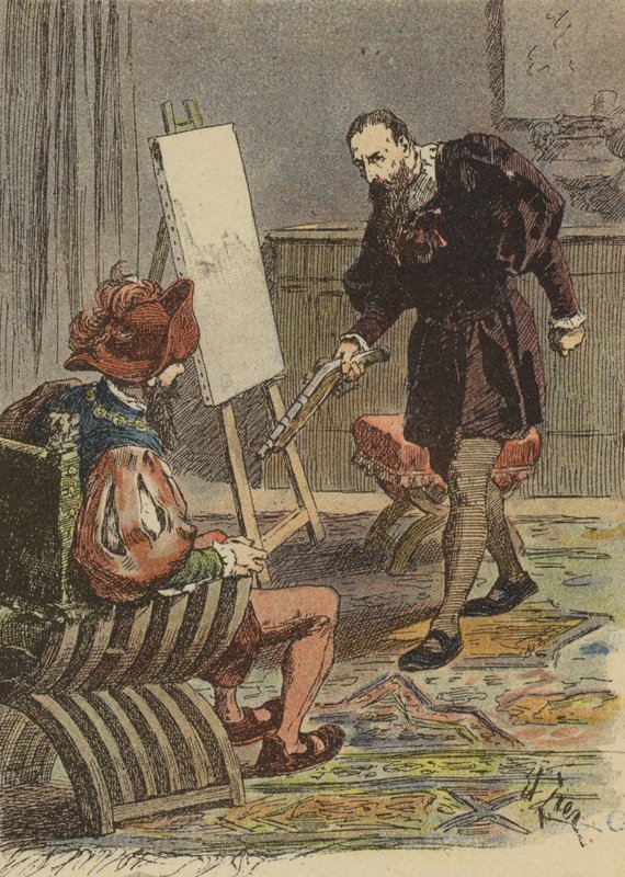 Włoski malarz Tintoretto podchodzi do Pietra Aretino, uzbrojony w pistolet, aby dokonać pomiarów do swojego portretu autorstwa French School