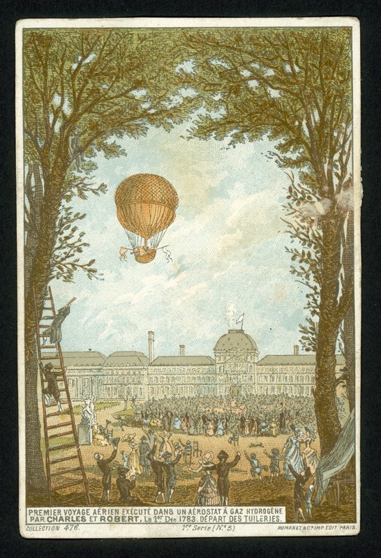 Jacques Charles i Marie-Noel Robert podczas pierwszego wzlotu balonem wodorowym, Paryż, 1 grudnia 1783 autorstwa French School