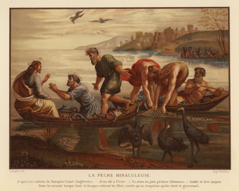 Jezus Chrystus i cudowny połów ryb (chromolitho) autorstwa French School
