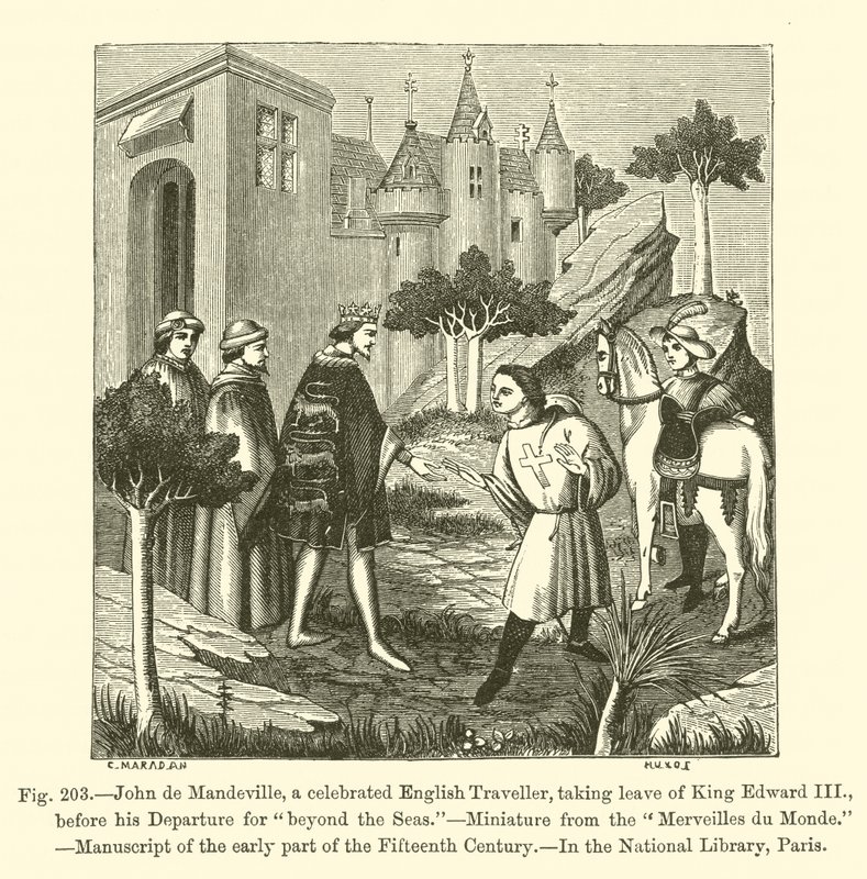 John de Mandeville, słynny angielski podróżnik, żegnający się z królem Edwardem III przed wyjazdem na „za morza” (rycina) autorstwa French School