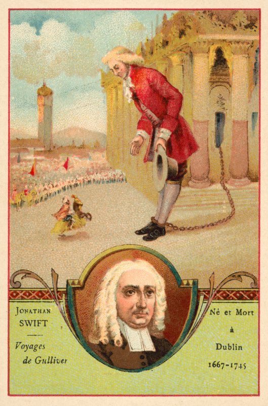 Jonathan Swift, irlandzki pisarz, i scena z jego powieści Podróże Guliwera (chromolitho) autorstwa French School