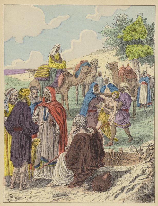 Józef sprzedany przez braci (kolorowa litografia) autorstwa French School