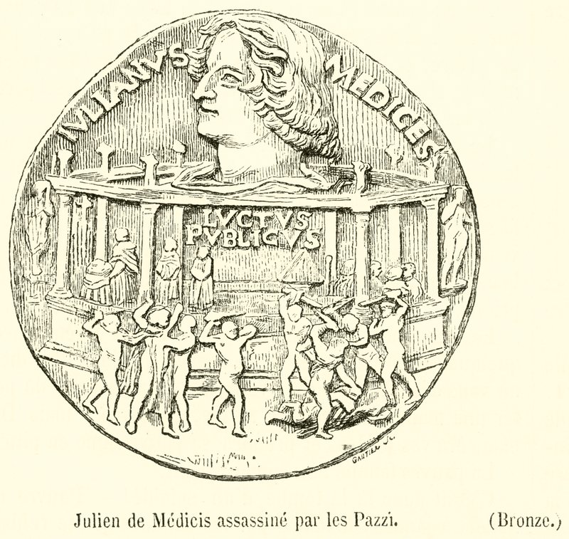 Giuliano de Medici zamordowany przez Pazzi, Brąz (rycina) autorstwa French School