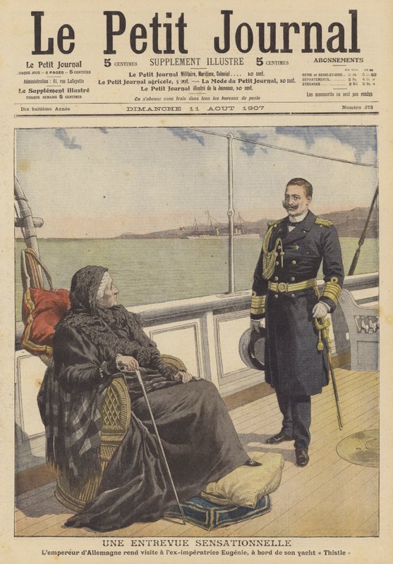 Kaiser Wilhelm II z Niemiec odwiedza na swoim jachcie Thistle (kolor lito) byłą cesarzową Eugenię, wdowę po Napoleonie III z Francji. autorstwa French School