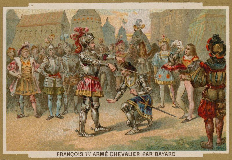 Król Francji Karol I pasowany na rycerza przez Kawalera de Bayard po bitwie pod Marignano, 1515 autorstwa French School