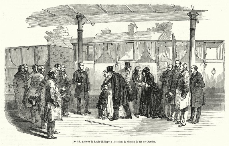 Król Francji Ludwik Filip przybywa na stację kolejową Croydon po tym jak został zmuszony do wygnania, luty 1848 (rycina) autorstwa French School
