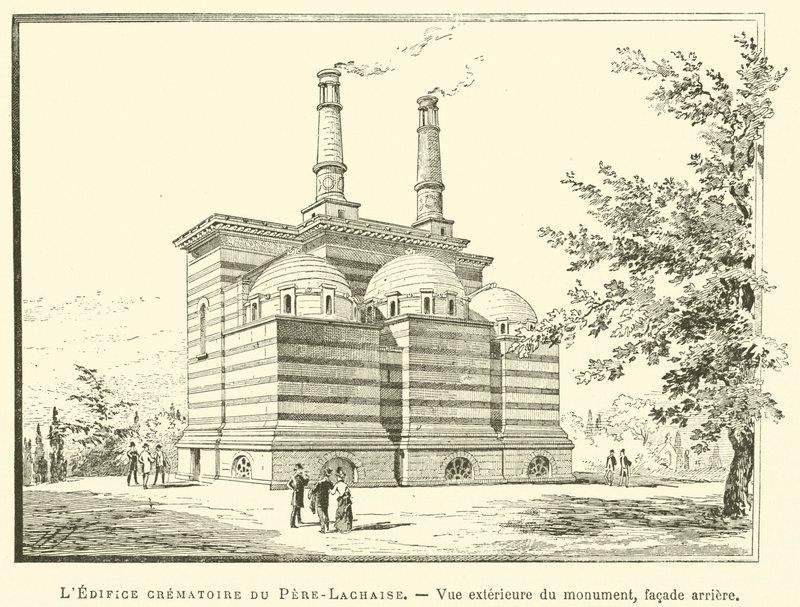 Budynek krematorium Pere-Lachaise, widok zewnętrzny pomnika, elewacja tylna (rycina) autorstwa French School