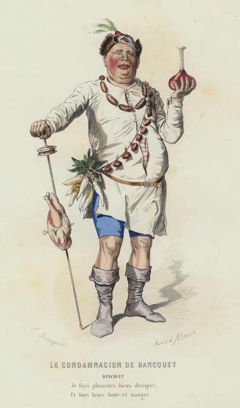 Potępienie Bankietu (kolorowy grawerunek) autorstwa French School
