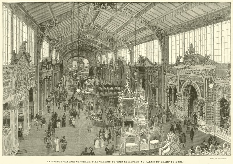 Wielka Galeria Centralna, znana jako Galeria trzydziestu metrów, w Palais du Champ de Mars (rycina) autorstwa French School