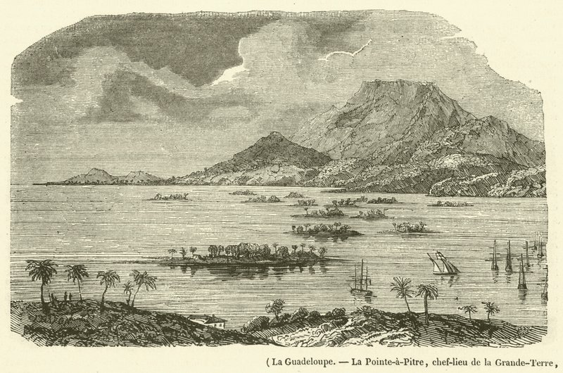 Gwadelupa, La Pointe-a-Pitre, stolica Grande-Terre, częściowo zniszczona przez trzęsienie ziemi z 8 lutego 1843 (rycina) autorstwa French School