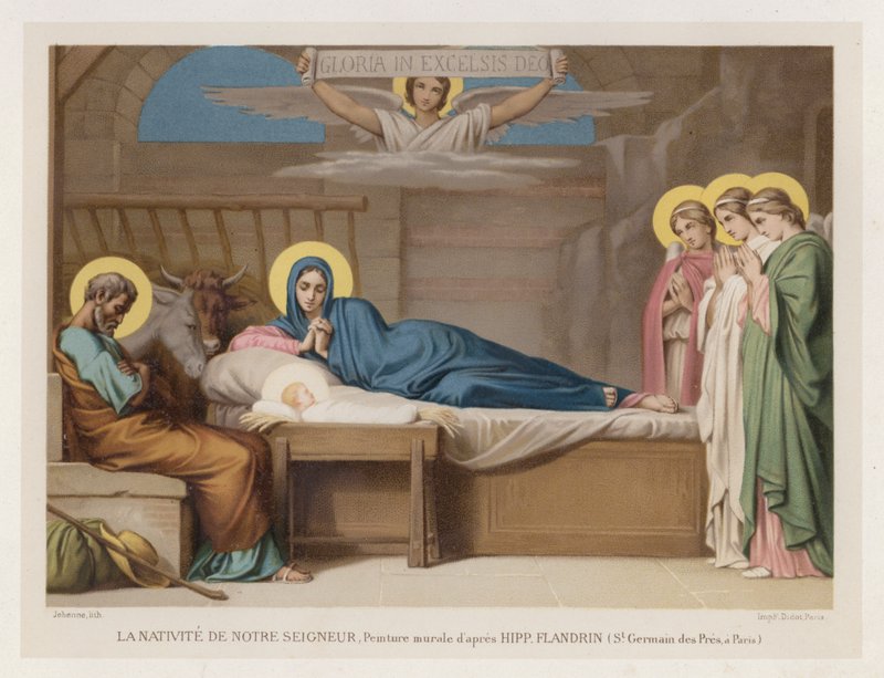Narodzenia Pańskiego, Malowidło ścienne wg Hippa Flandrina, St Germain des Pres, Paryż (chromolitho) autorstwa French School