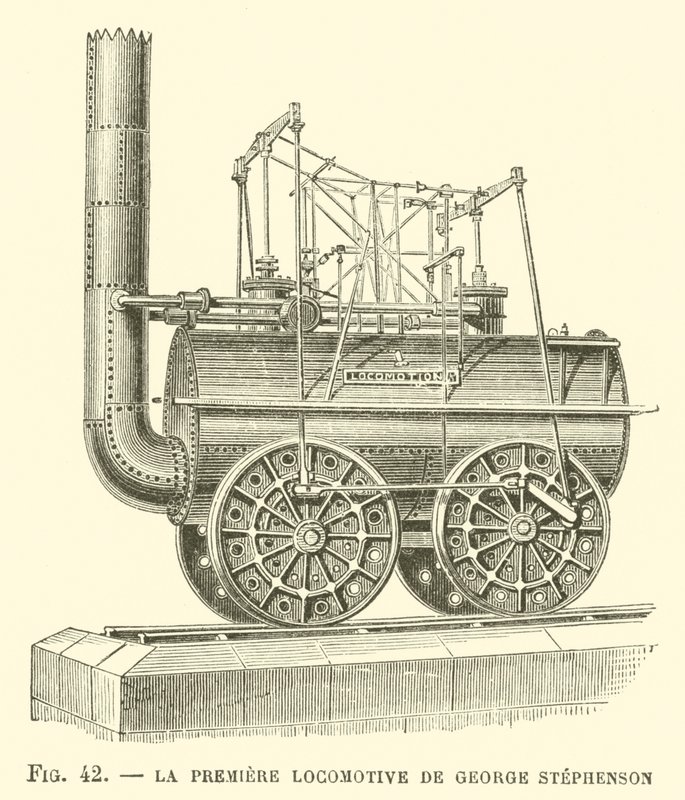 La Premiere Locomotive de George Stephenson (grafika) autorstwa French School