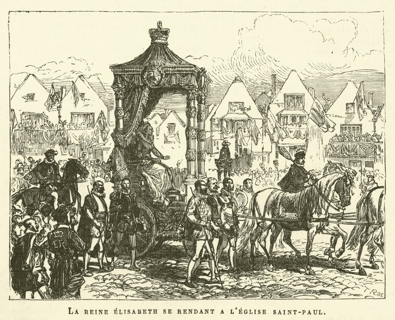 Królowa Elżbieta idąca do kościoła św. Pawła (rycina) autorstwa French School