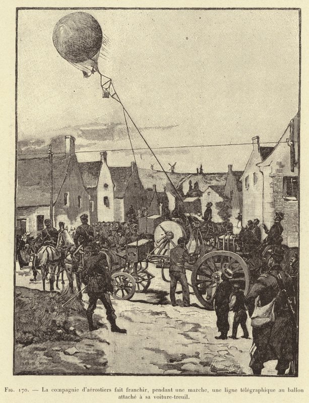 Kompania baloniarzy przecina w marszu linię telegraficzną do balonu przyczepionego do jego wyciągarki (rycina) autorstwa French School