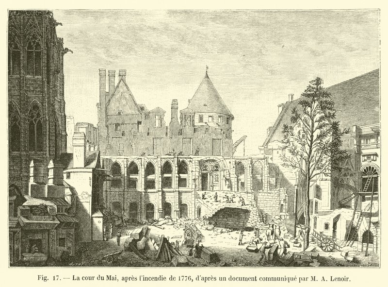 Cour du Mai, po pożarze w 1776 r., według dokumentu przekazanego przez MA Lenoir autorstwa French School