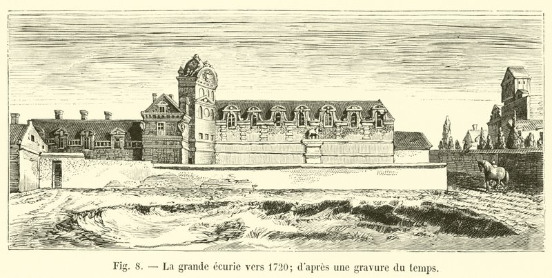 Duża stajnia około 1720 r.; z ryciny z tamtych czasów autorstwa French School