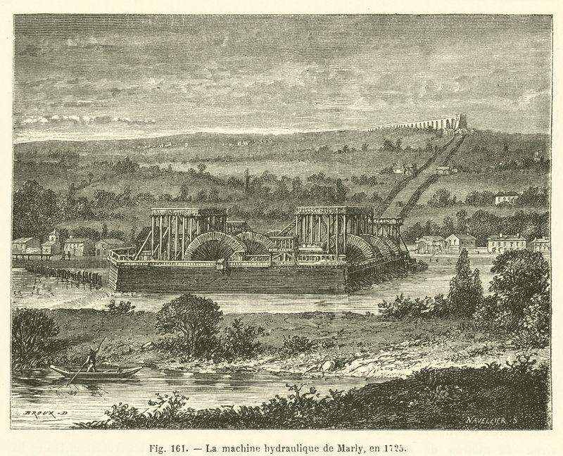 Hydrauliczna maszyna Marly, 1725 r. (rytowanie) autorstwa French School