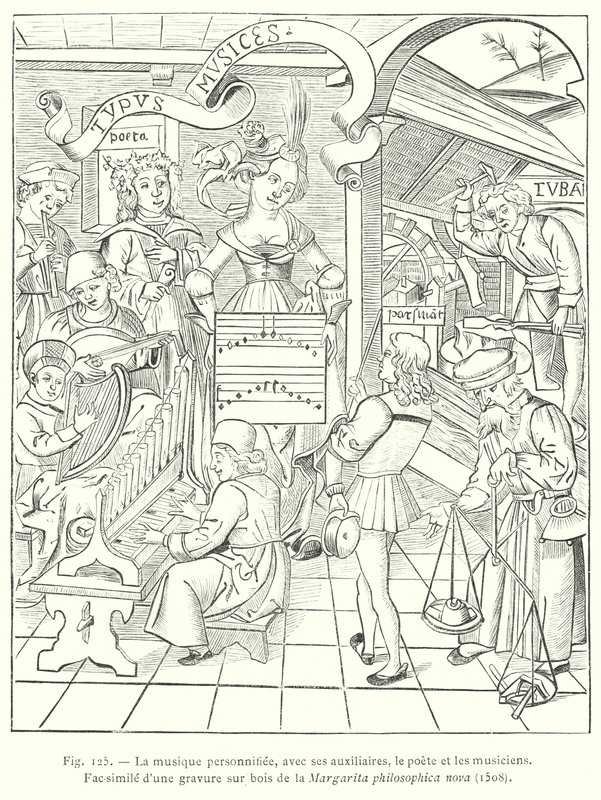 Uosobienie muzyki, wraz z jej pomocnikami, poetą i muzykami (grafika) autorstwa French School