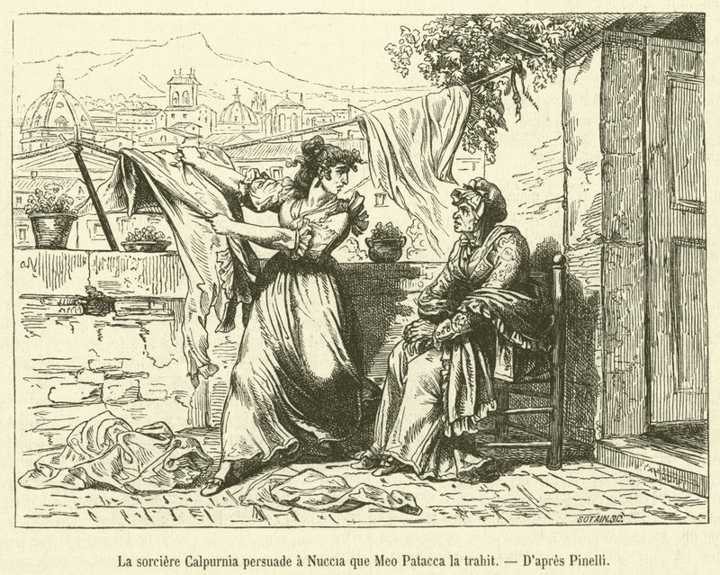 Czarownica Calpurnia przekonuje Nuccię, że Meo Patacca ją zdradza (grawerunek) autorstwa French School