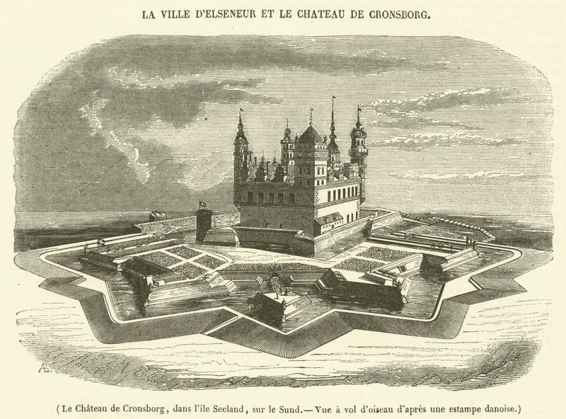 Zamek Cronsborg, na wyspie Seeland, nad Sundem, widok z lotu ptaka (rycina) autorstwa French School