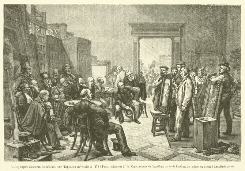Jury angielskie dokonujące wyboru obrazów na Wystawę Powszechną 1878 w Paryżu (grafika) autorstwa French School