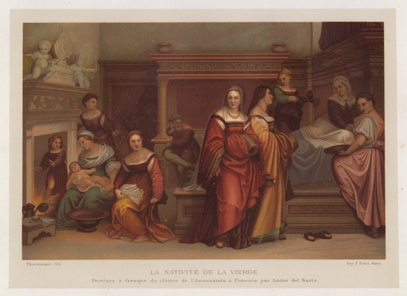 Narodzenia NMP, fresk z klasztoru Annunziata we Florencji pędzla Andre del Sarte (chromolitho) autorstwa French School
