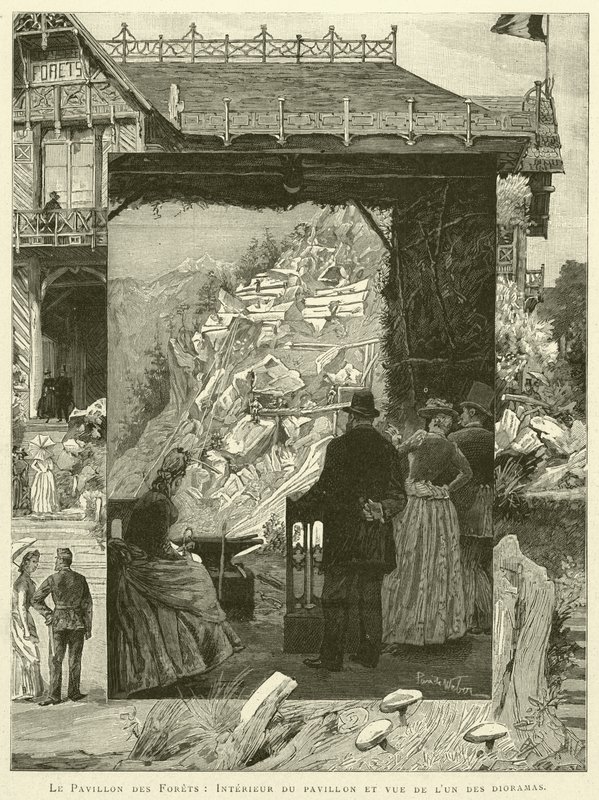 Le Pavillon des Forets, Wnętrze pawilonu i widok jednej z dioram (grafika) autorstwa French School