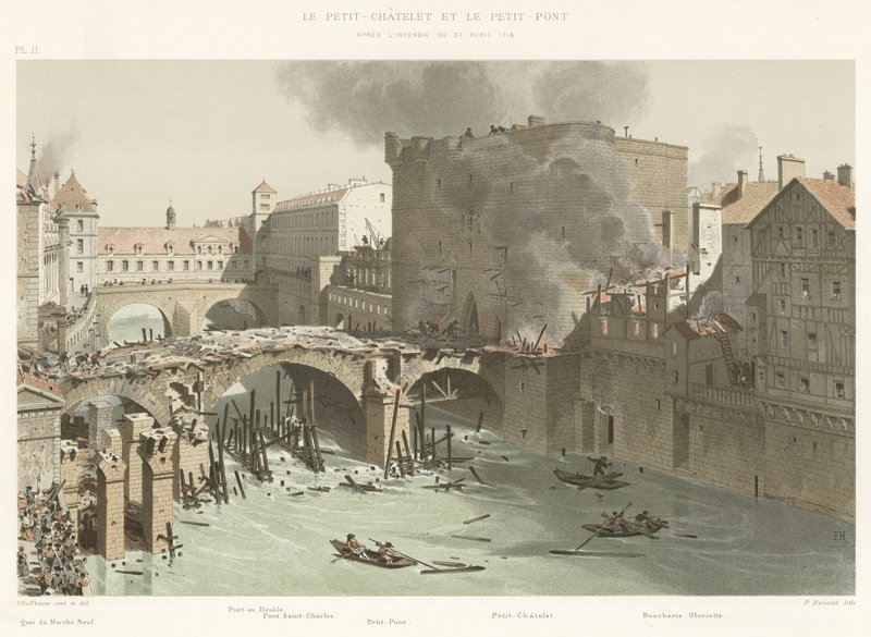 Petit-Chatelet i Petit-Pont, po pożarze z 27 kwietnia 1718 r. autorstwa French School