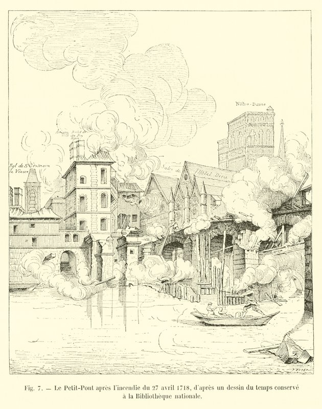 Petit-Pont po pożarze z 27 kwietnia 1718 r. z ryciny z epoki przechowywanej w Bibliotece Narodowej autorstwa French School
