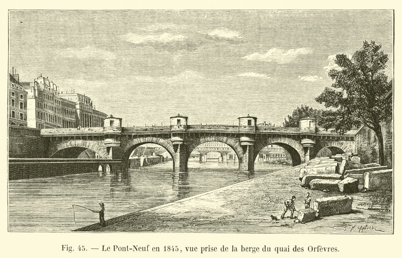 Pont-Neuf w 1845 r., widok z brzegu Quai des Orfevres autorstwa French School