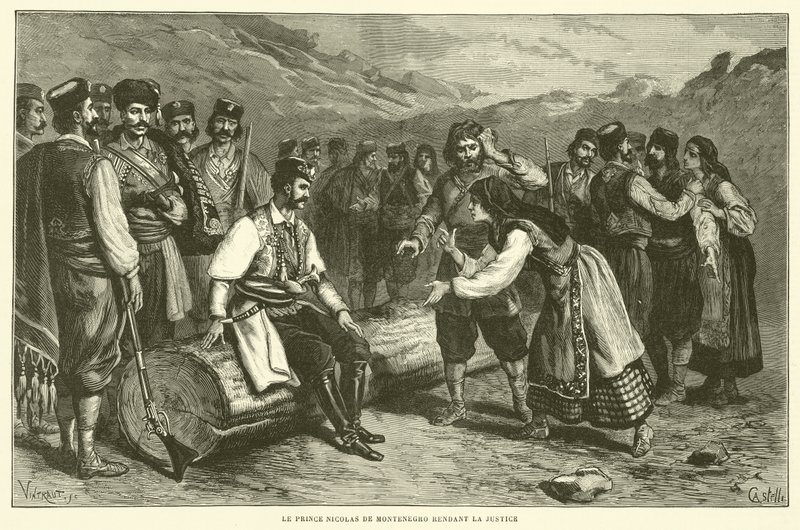 Książę Mikołaj Czarnogóra Wymierzający Sprawiedliwość (Grawerowanie) autorstwa French School