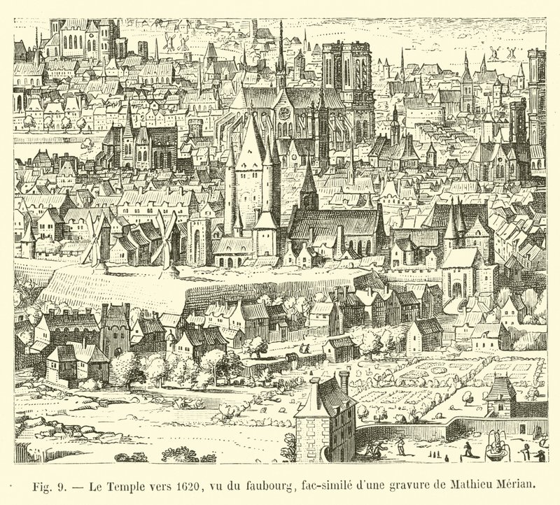 Świątynia ok. 1620 widziana z faubourga, faksymile ryciny Mathieu Meriana autorstwa French School