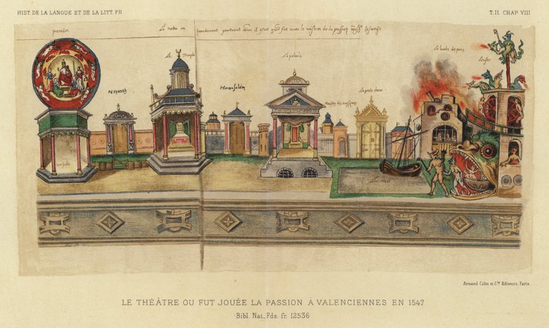 Teatr Ou Fut Jouee La Passion In Valenciennes w 1547 (kolor lito) autorstwa French School