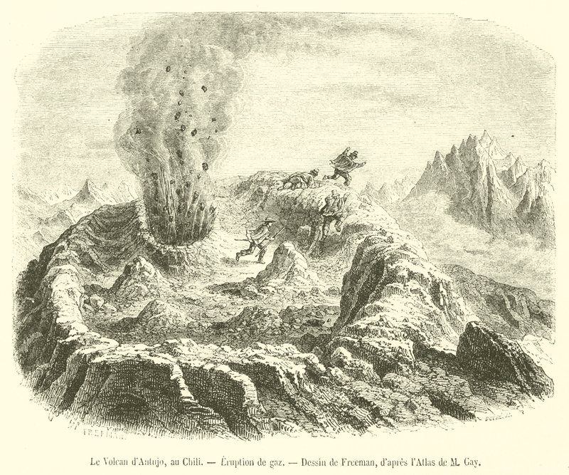 Wulkan Antujo, Chile, Erupcja gazu (grawerowanie) autorstwa French School