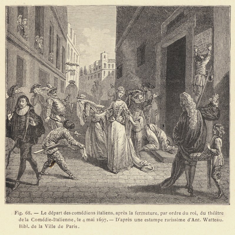Odejście aktorów włoskich po zamknięciu z rozkazu króla teatru Komedii Włoskiej, 4 maja 1697 (rycina) autorstwa French School