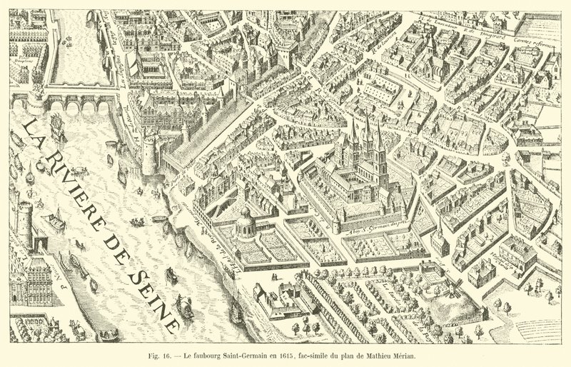 Faubourg Saint-Germain w 1615 r., faksymile planu Mathieu Meriana autorstwa French School