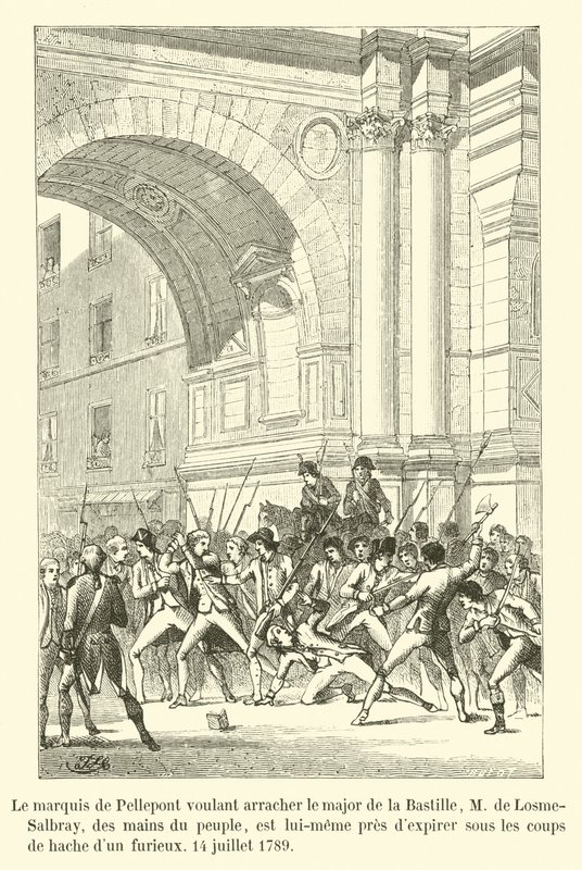 Markiz de Pellepont, chcąc wyrwać z rąk ludu majora Bastylii, pana de Losme-Salbray, sam umiera pod ciosami siekiery wściekłego człowieka, 14 lipca 1789 r. autorstwa French School