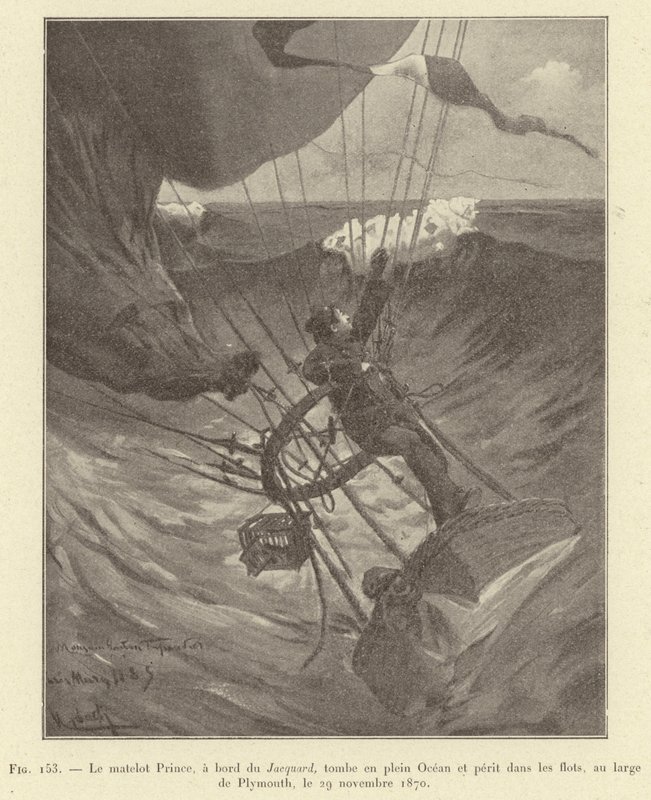 Żeglarz Prince, na pokładzie żakardu, spada na środek oceanu i ginie na falach, niedaleko Plymouth, 29 listopada 1870 (rycina) autorstwa French School