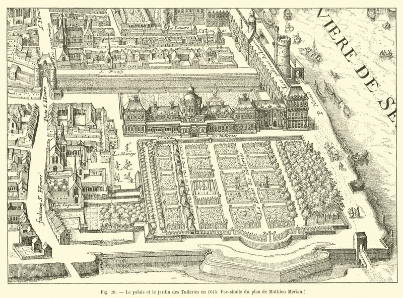 Pałac i ogród Tuileries w 1615 r., faksymile planu Mathieu Merian autorstwa French School